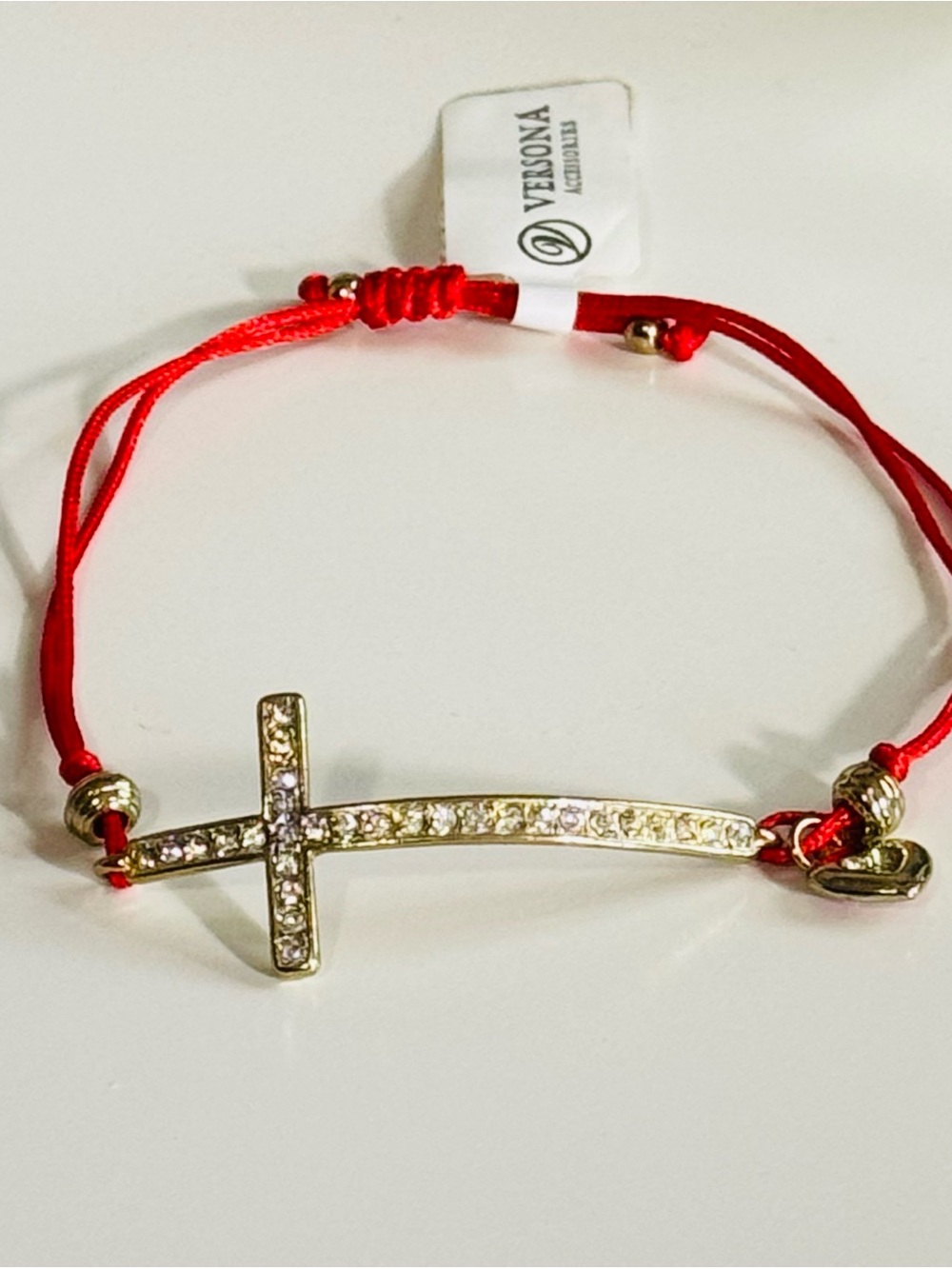 NWT Versona Women’s Gold Cross Rhinestone Bracelet with Red Adjustable Cord Tie